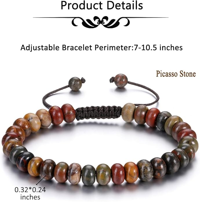 Top Plaza Crystal Beaded Bracelet for Men Healing Crystal Natural Picasso Jasper Gemstone Adjustable Braided Bracelet Men's Energy Spiritual Bracelet Jewelry Christmas Gifts