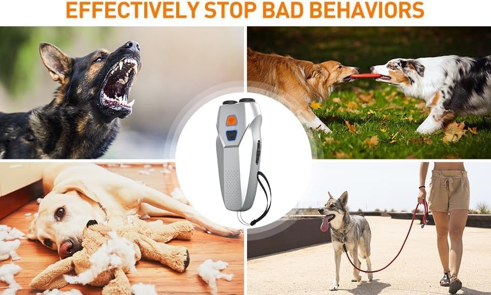 Dog Barking Control Device with Dual Sensors | Anti-Barking Device with Training & Deterrent Modes | Ultrasonic Dog Whistle & LED Flashlight | 25FT Range | Rechargeable