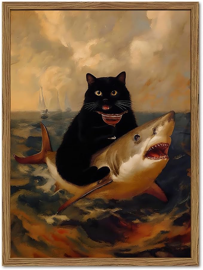 Funny Black Cat Riding Shark Wall Art Whimsical Bar Cart Wall Decor Picture Eclectic Shark Ocean Poster Canvas Painting Prints for Bedroom Living Room 16x24 inch Framed