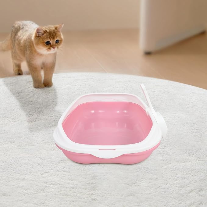 OUNONA Semi-Closed Cat Litter Box Anti-Splash Durable Pan with Open Top and Pee Shield for Small Cats and Kittens Indoor Housebreaking