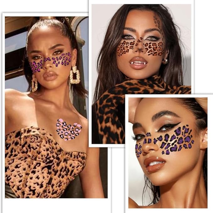 8 Sheets Leopard Print Temporary Tattoos Cheetah Print Face Tattoos Mixed Styles Tiger Tattoos Cute Animal Print Stickers Waterproof Leopard Halloween Fake Tattoo for Kids Boys Girls Body Art Makeup