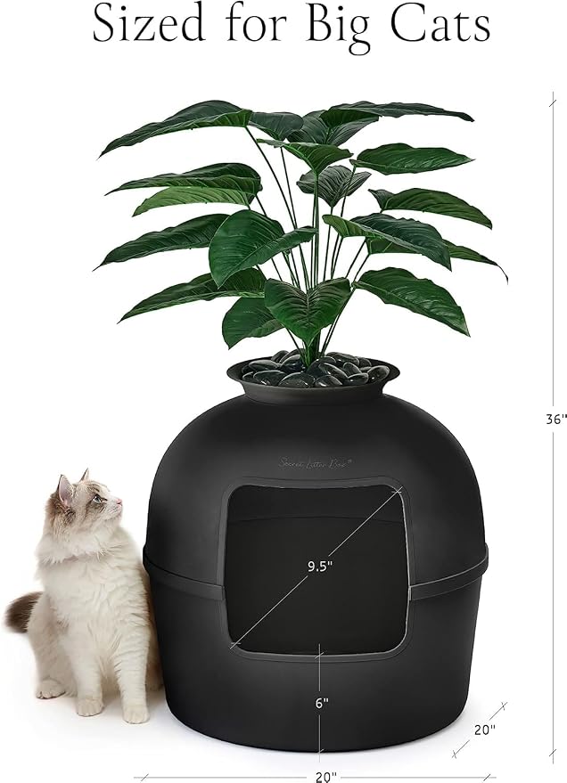 Secret Litter Box by Bundle & Bliss - Hidden Litter Box Enclosure, Patented Design with Odor Control, Includes Faux Plant, Carbon Filter and Real Stones (Matte Black)