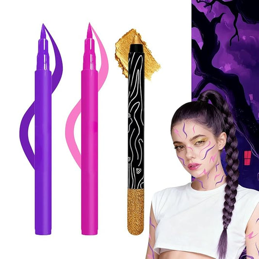 Mysense Makeup Kit,Halloween Face Cosplay Accessories for Women and Kids,Purple Waterproof Eyeliner+Fuchsia Liquid Eyeliner+Gold Shimmer Eyeshadow Stick