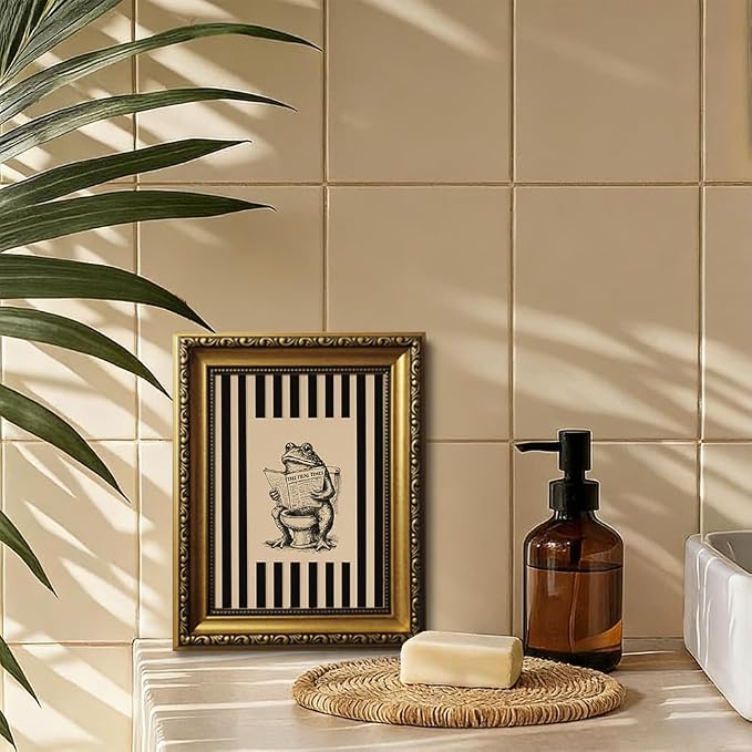 Funny Bathroom Wall Decor Art Vintage Whimsical Frog Gold Framed Wall Art | Black Beige Striped Picture Canvas Art Humour Animal Small Framed Prints Artwork For Vanity Shelf Restroom Toilet Powder Room