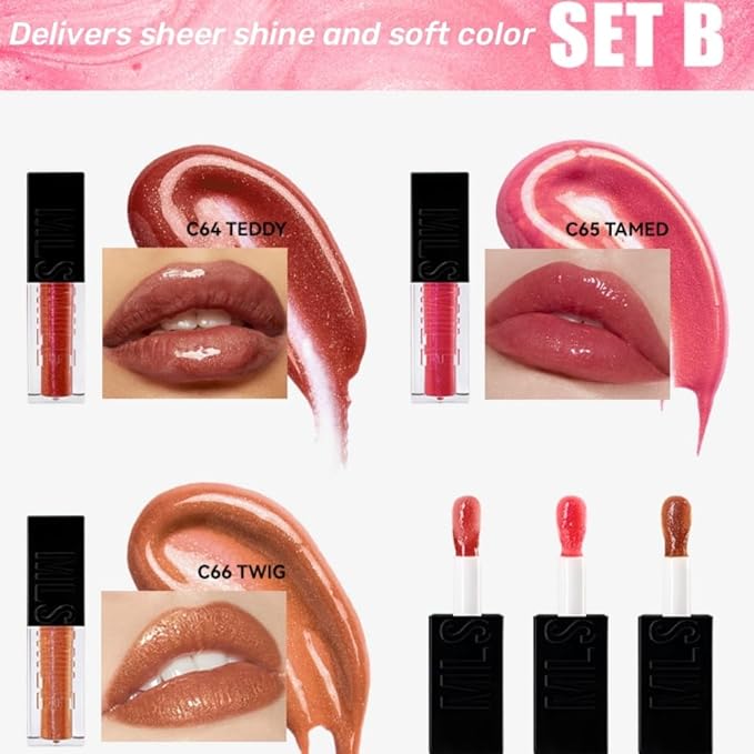 Lip Glow Oil Set – Hydrating & Moisturizing Lip Gloss Oils | High-Shine, Long-Lasting Non-Sticky Lip Care for Smooth Glimmer Finish, Plump Lips | Gift for Women & Girls 3Pcs (Set B)