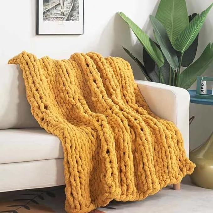 Soft Chunky Knit Throw Blanket for Couch, Cozy Warm Knitted Blankets | Hand Knit with Jumbo Chenille, Lightweight Warm Fluffy Decor for Women, Mom, Her & Girls, Sofa, Chair, Bed, 40"×60"(Yellow)