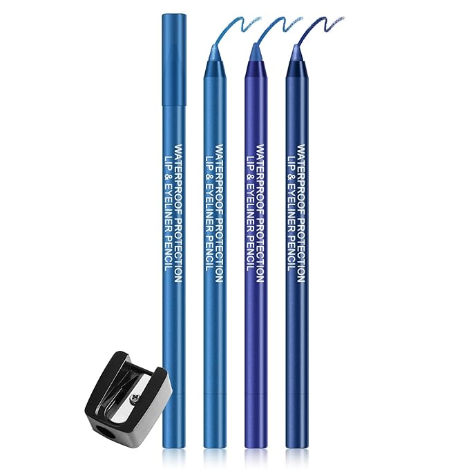 Ownest 3Colors Matte & Shimmer Blue Gel Eyeliner Pen, Pearl Metallic Eyeliner Pencil Kit, Glitter Eye Liner for Women, Professional Colorful Eye Makeup Pencil Set, Waterline Eyes Liner with Sharpener
