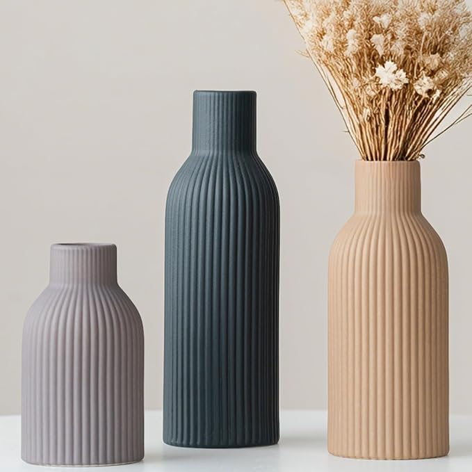 Modern Ceramic Vases Set of 3, Black Ribbed Decorative Vases, Shelf Table Centerpiece for Home Decor, Birthday Gifts for Women, Mom, Grandma Decorative (Black Mix)
