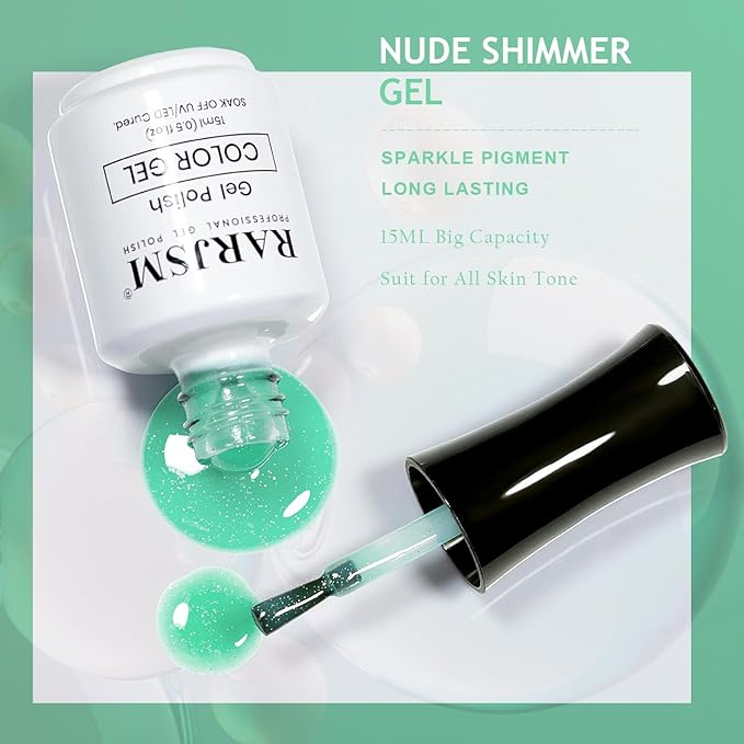 RARJSM Rainbow Glitter Gel Nail Polish Clear Pastel Green Chunky Sparkle Shimmer Jelly Iridescent Transparent Light Green Gel Polish Single Bottle Soak off UV LED Cured for Home Salon Manicure 15ML