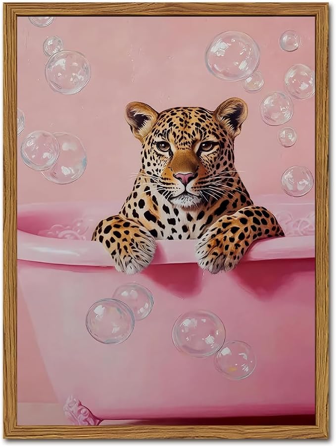 Funny Cheetah Bathroom Wall Art, Pink Leopard in Bathtub Wall Decor Paintings, Cute Animal Bathroom Poster Canvas Prints Maximalist Dopamine Girl Washroom Artwork 16x24 inch Framed