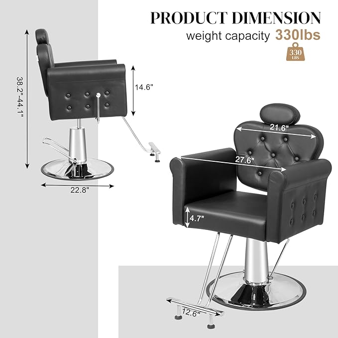 OmySalon All Purpose Salon Chair with Reclining Back & Tufted Button, Stylist Chairs for Salon, Barber Chair Heavy Duty Hair Chair for Braiding Makeup Threading Waxing, Black