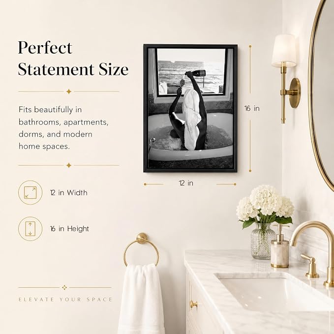 Framed Black and White Fashion Canvas Wall Art Trendy Woman Drinking Wine in Bathtub Picture Wall Decor Luxury Feminist Bathroom Poster Print for Apartment Dorm Home Decoration 12x16in