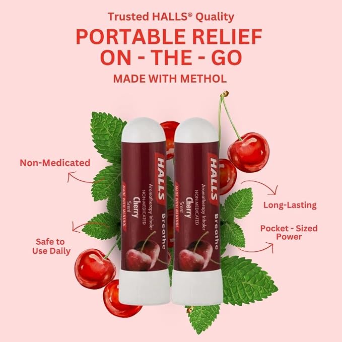 SpaRoom Halls Nausea Relief Nasal Stick – Breathe Cherry, 100% Pure Essential Oils, Aromatherapy Nasal Stick for Sinus Relief, Stress & Craving Management, Sweet Cherry Scent, 2-Pack, Non-Medicated