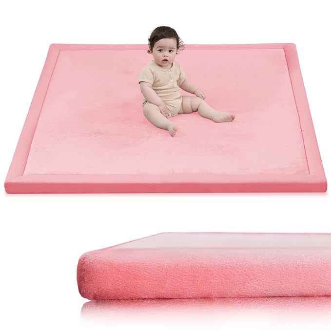 Huloo Sleep Ultra Soft Baby Play Mat for Floor, 1.3" Thick Elasti-Foam 59x59 Play Mat for Playpen,Water-Repellent Coral Velvet for Tummy Time, Non-Slip Backing,Safe for Toddlers & Infants（Pink）