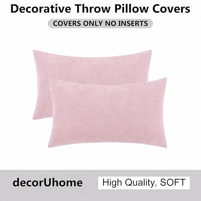 decorUhome Soft Chenille Blush Pink Throw Pillow Covers 12X20 Set of 2 | Decorative Fall Couch Pillow Covers Solid Dyed Accent Modern Farmhouse Neutral Rectangle Pillow Cases for Sofa