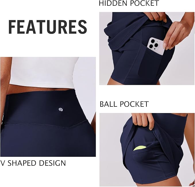 PINSPARK 14" Womens Tennis Skirt High Waisted Golf Skort with 2 Pockets | Built-in Shorts, A Line, Tummy Control, Stretchy, Casual, Mini, Workout, Pickleball, Running, Skort for Woman