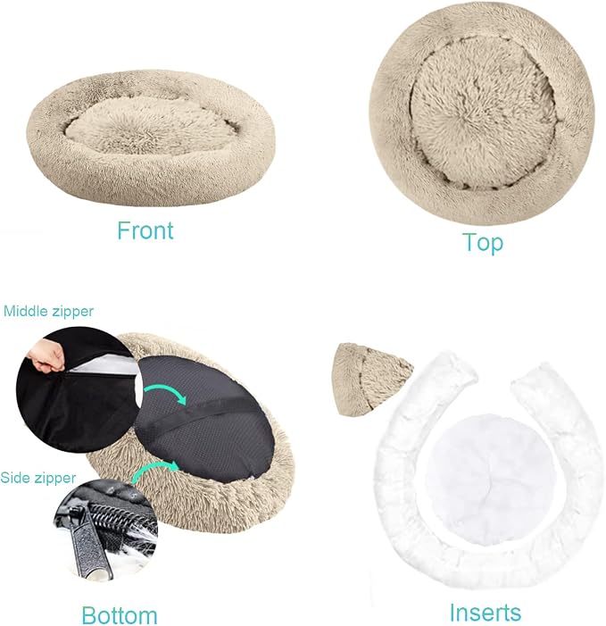 SAVFOX 54 inches Calming Donut Dog Bed - 3X Durable Plush Faux Fur, Machine Washable & Non-Slip, Fits up to 210 lbs, Removable Cover, Beige