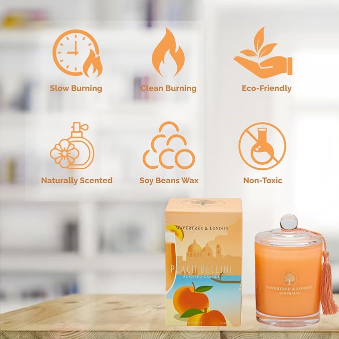 Luxury Peach Bellini Soy Wax Candle - Hand Poured in Australia, 11.66 oz Glass Jar Fancy Candle, Strong Scented, Non-Toxic, Long Lasting 60 Hour Burn, Refreshing Natural Citrus Candle Gift