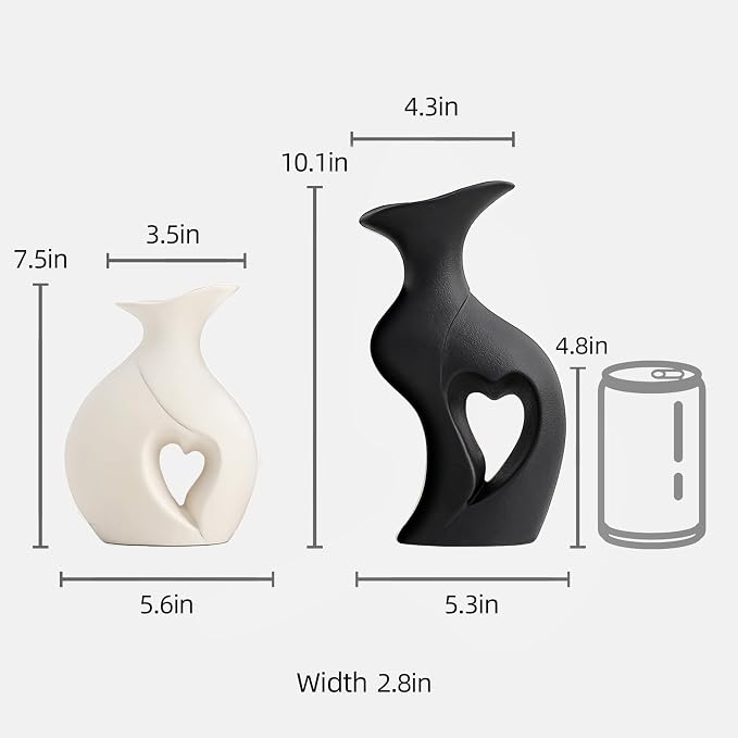 XL Black and White Vase Set of 2, Heart Shaped Ceramic Flower Vase | Home Decor, Minimalist Decorative, Modern, For Wedding Dining Living Room Office Coffee Table Centerpiece H 10.1 inches