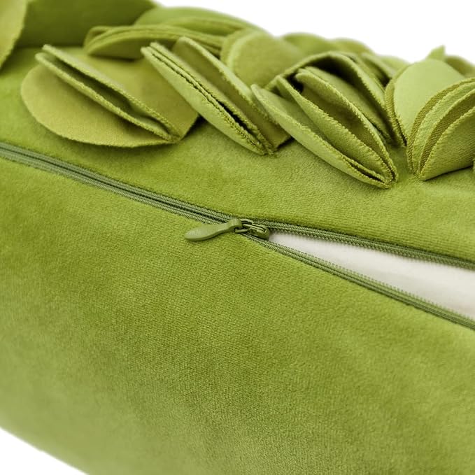 KINGROSE Velvet 3D Flower Lumbar Throw Pillow Cover, Green, 12 x 20 Inches | Floral Decorative Pillowcase, Soft Cushion Cover, For Bed Couch Sofa Living Room Summer