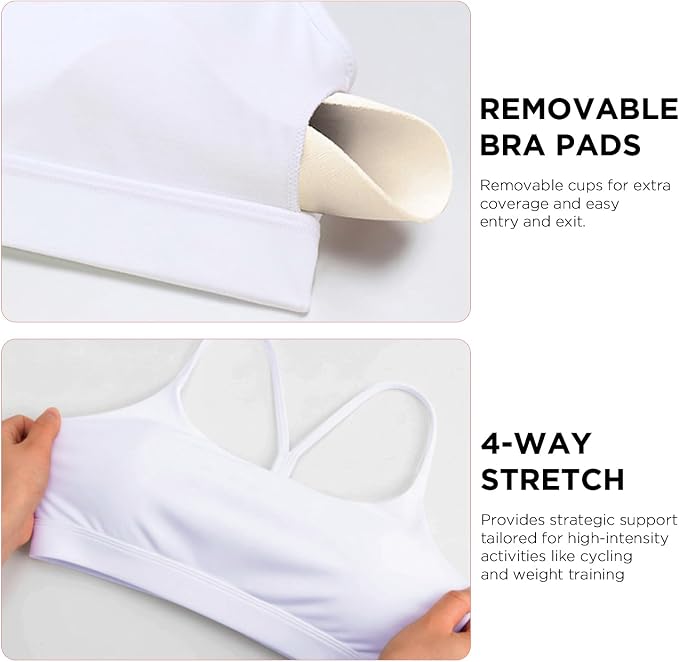 Raxnode Women's 3-Pack Y-Back Sports Bra, Thin Spaghetti Strap Nylon Yoga Bra with Removable Cups, Light Support Bralettes