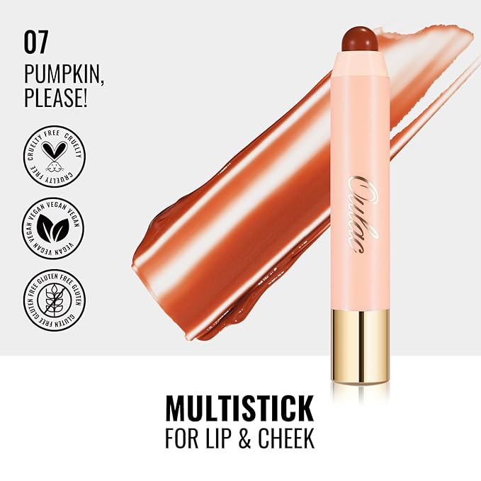 Oulac Reddish Brown Lipstick - Lipstain and Blush Duo, Tinted Lip Balm, Moisturising and Nourishing, Glossy Finish, Vegan, Pumpkin, Please!(07)