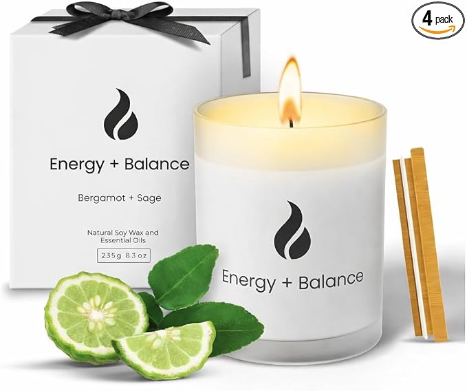 Natur IX Cleansing Scented Candles for Home | Sage & Palo Santo | Natural Non Toxic Soy Candles with Essential Oils | 50 H Long Burning | (Energy + Balance | Bergamot & Sage)