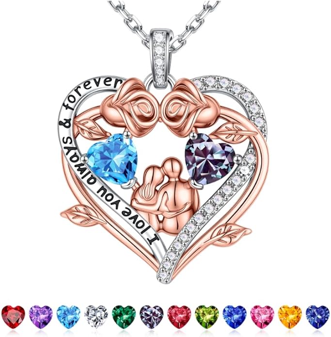 Iefil Valentines Gifts for Her Wife - 925 Sterling Silver Double Heart Birthstone Necklace, Anniversary Birthday Gifts for Women Wife Girlfriend