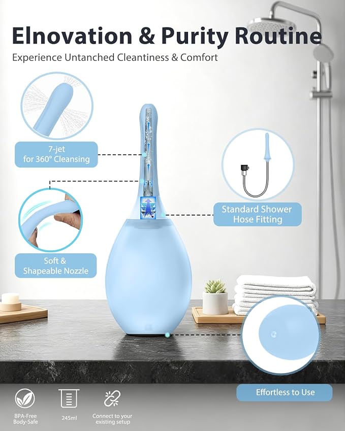 Enema Douche Anti Back-Flow, Anal Douche Connected to Shower Hole,Enema Bulb with 7 Spouts, Reusable Portable Enema Vaginal Cleaner kit for Men Women (Light Blue)