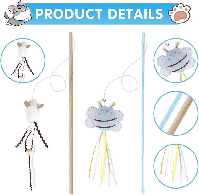 NOWFRESH Cat Wand Toy Set, 2 PCS Interactive Cat Teaser Wands with Cute Red Snake & Green Snake Designs, Equipped with Bells and Streamers to Captivate Your Cat’s Attention