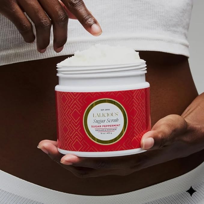 LALICIOUS Sugar Peppermint Exfoliating & Moisturizing Body Scrub | Coconut Oil | Pre-Shave Scrub for Ingrown Hairs & Razor Bumps | Gently Buffs & Smooths Sensitive Skin | No Parabens | Large 16oz
