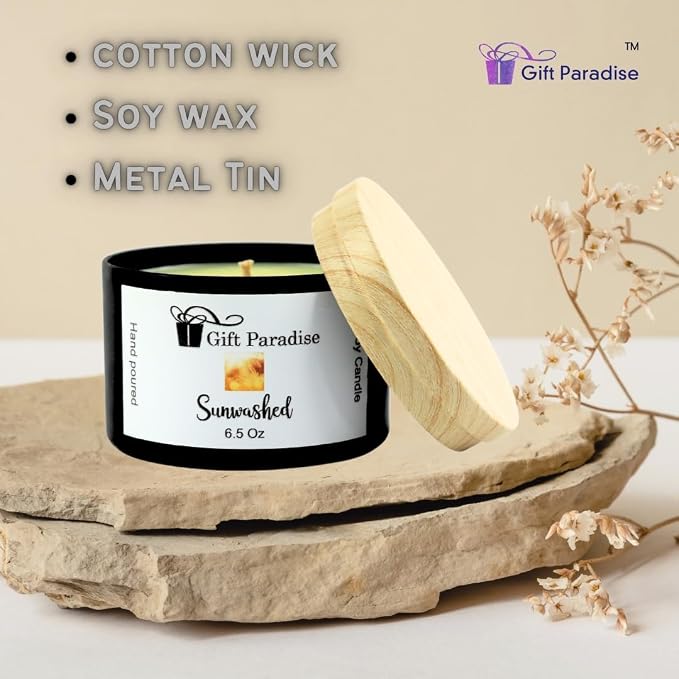 Sunwashed Soy Wax Candle in Black Metal Tin, 6.5 oz, Cotton Wick