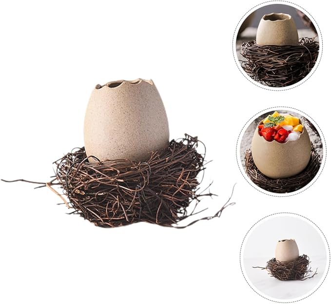 Ciieeo Bird Nest Vase Eggshell Planter Ceramic Flower Pot with Rattan Nest 4.33 X 4.33 X 3.34 in for Succulents Cactus Bonsai Hydroponic Display Desk Windowsill Balcony Home Decor