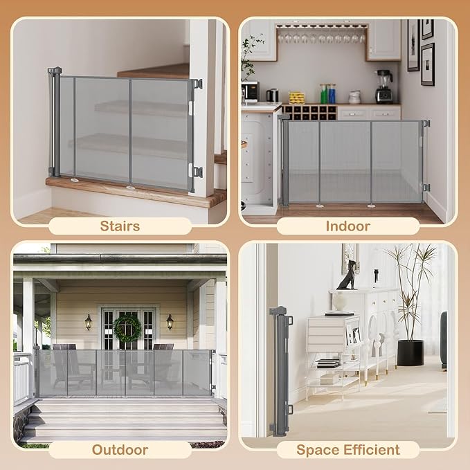 SMONTER Extra Wide Retractable Dog Gates, Mesh Baby Gate with Support Rods Extend to 118" Wide 33" Tall, Portable Safety Retractable Gate for Stairs, Indoor/Outdoor, Gray
