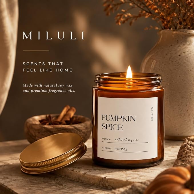 Pumpkin Spice Scented Soy Candle for Home, Natural Aromatherapy Candles with Essential Oils, Nontoxic Clean Burn, Strong Balanced Scent, 50 Hour Longlasting, Amber Jar Candel for Relax(9oz)