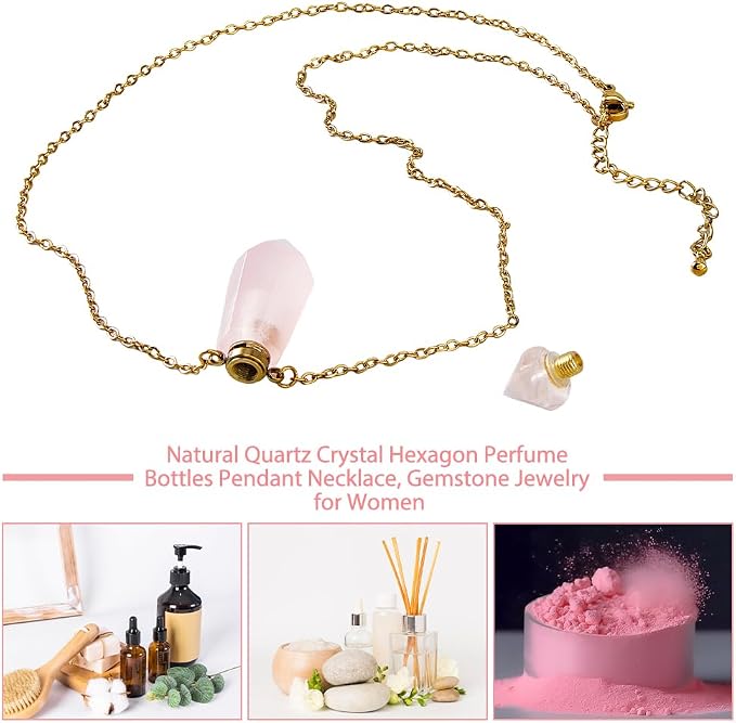 SUPERFINDINGS Natural Rose Quartz Stone Perfume Bottle Pendant Gemstone Crystal Perfume Bottle Essential Oil Necklace Diffuser Necklace Hexagonal Pointed Reiki Chakra Pendant for Woman Men