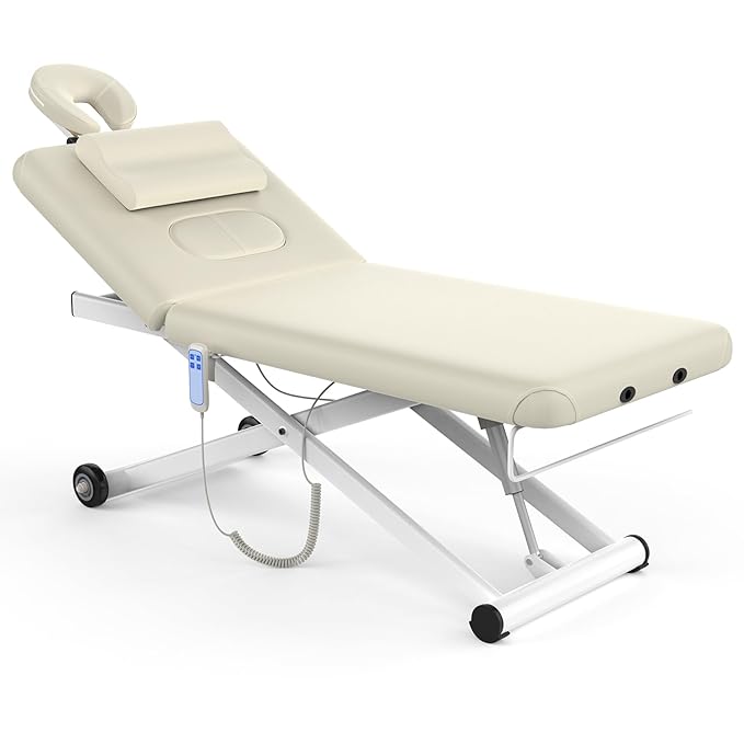 pouseayar Heavy Duty Electric Massage Table, Electric Lift and Electric Backrest 2 Motor Adjustable for Treatment/Medical Spa/Facial Bed/Beauty Bed/Massage Bed and More - 32 Wide x 75 Long - White