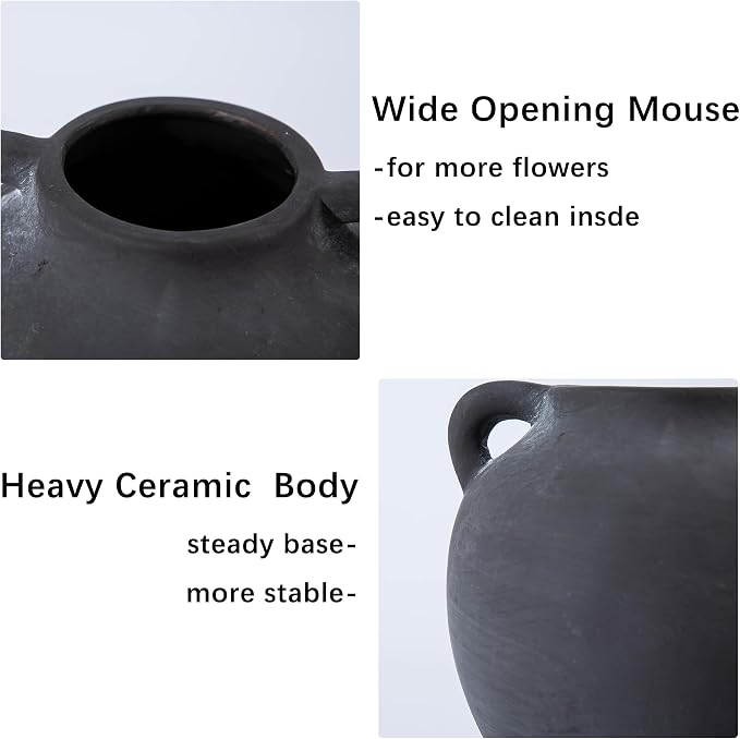 Black Vase Home Decor - 6in Ceramic Vase for Flowers - Small Round Vases for Decor - Farmhouse Vases for Pampas Grass, Decorative Vase for Bouquet, Lyeec Clay Pottery Rustic Terracotta Vase