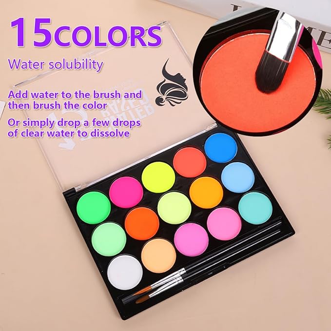 Glow UV Blacklight Face Paint,Neon Fluorescent Body Painting Palette,Water Activated Makeup Eyeliner,Water Based Glow In The Dark Party Halloween Washable for Adult Body Paint Set (15 color)