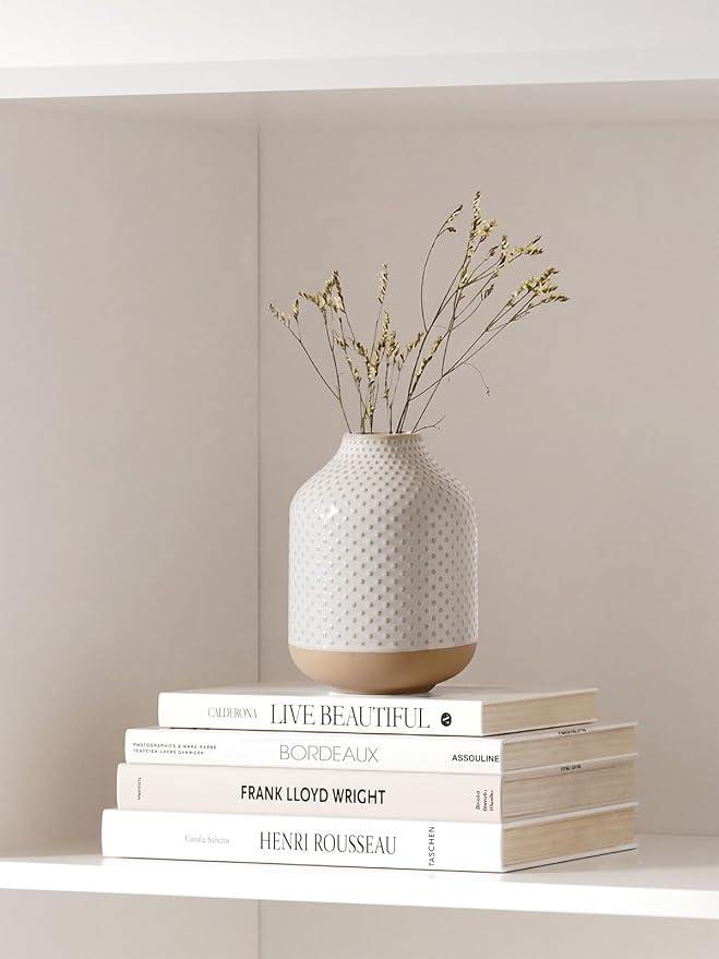 Boho Flower Vase - 5.3 Inch Ceramic White Vase for Pampas Grass, Eucalyptus & Bouquets, Small Home Decor Vases with Dot Embossment, Rustic Farmhouse Centerpiece