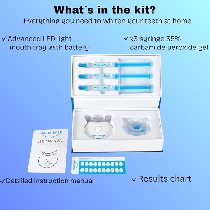 WHITE SMILE Teeth Whitening Kit with LED Light, 35% Carbamide Peroxide 3 Gel Syringes, 10-Minute Treatment, Non-Sensitive Formula, Helps to Remove Stains from Coffee, Smoking, Wines, Soda, Food