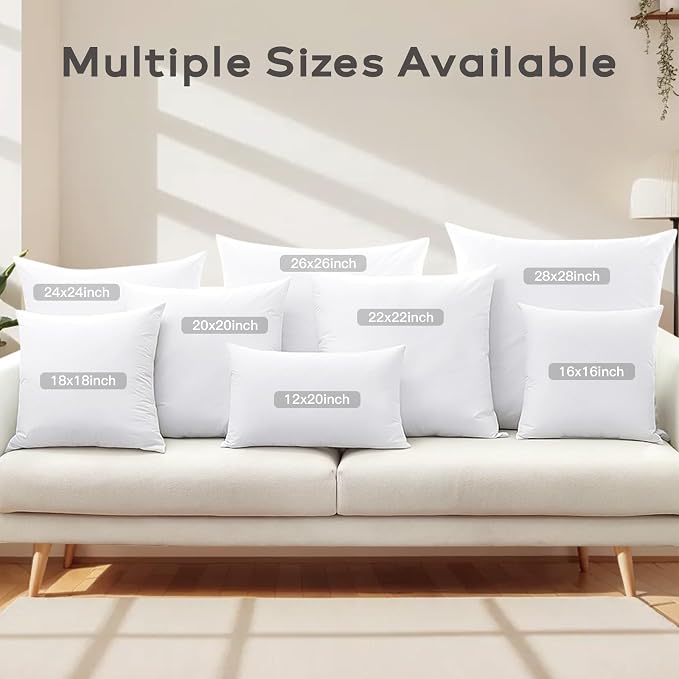 SAVORI Set of 2 Down and Feather Throw Pillow Inserts 22x22 Soft Fluffy Pillow Inserts with 100% Down-Proof Cotton Cover, Decorative Square Cushion Inner for Sofa Couch Bed-White