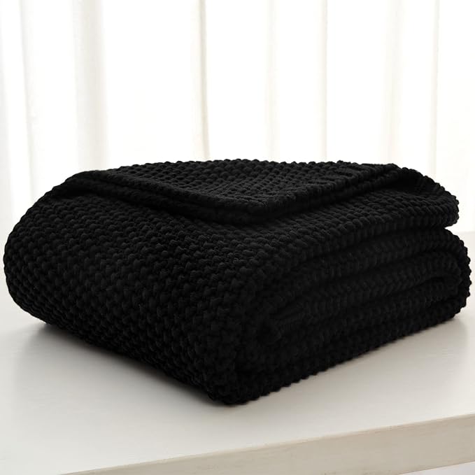 Chunky Cable Knit Throw Blanket Lightweight Black 100% Organic Cotton Blanket for Sofa Couch Bed Baby Nursery, Rustic Shabby Chic Modern Farmhouse, 60” x 80” Give Laundering Bag