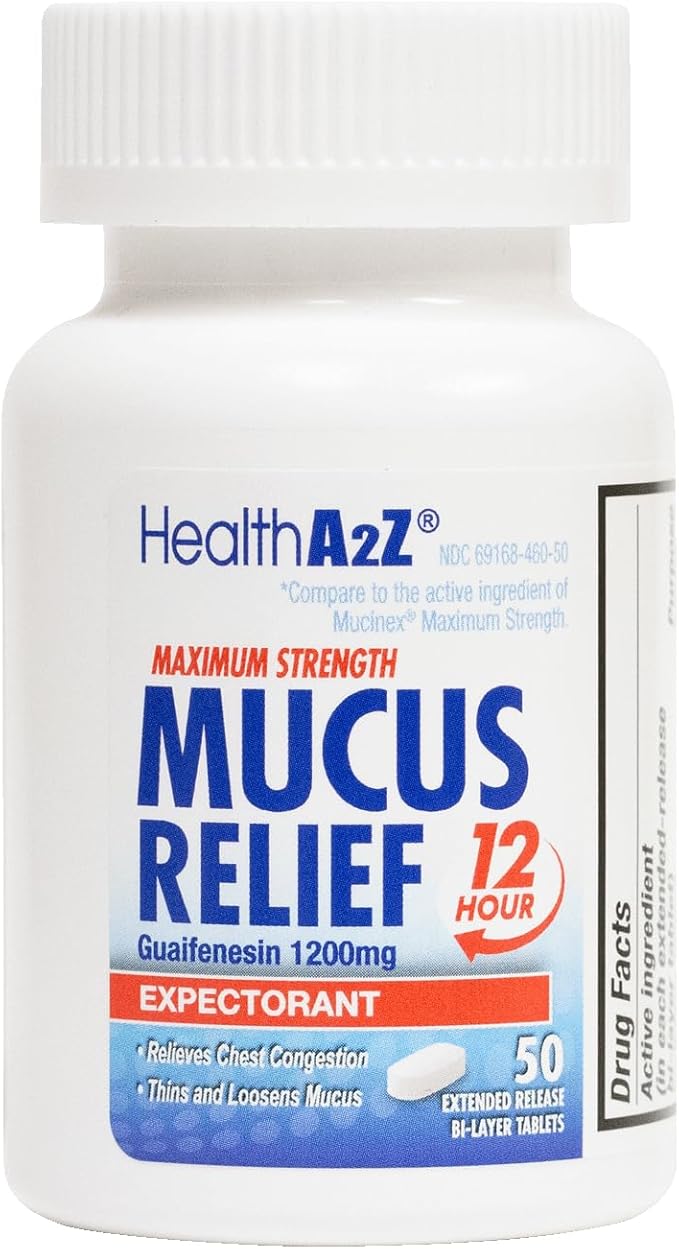 HealthA2Z® Mucus Relief | Guaifenesin 1200 mg | 50 Tablets | 12 Hour | Expectorant | Relieves Chest Congestion | Thins and Loosens Mucus (50 Tablets)
