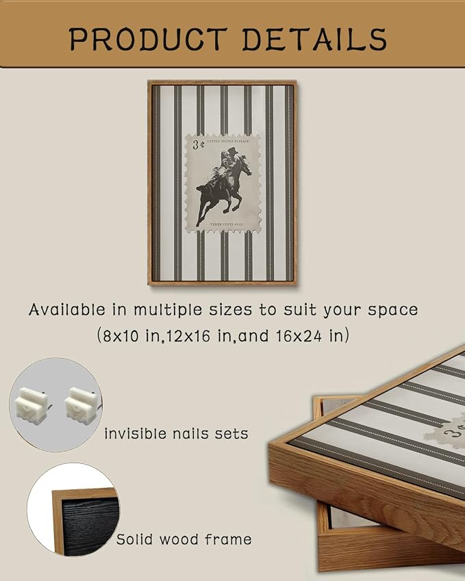 ZZLWBKGL Western Wall Decor Cowboy Canvas Art Bronco Framed Wall Art | Vintage Artwork Retro West Stamp Paintings Mid Century Bucking Aesthetic for Living Room Bedroom