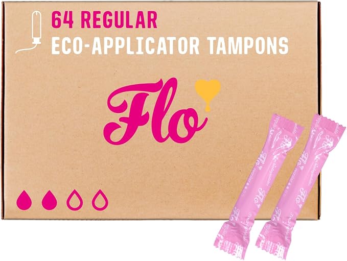 Flo - Organic Cotton Tampons for Women - 64 Pack (64 Regular Tampons) - Leak Proof - No Synthetic Fibers, Chlorine Bleach, or Added Dyes - Bio-Plastic Applicator - Feminine Care - Vegan & Cruelty Free