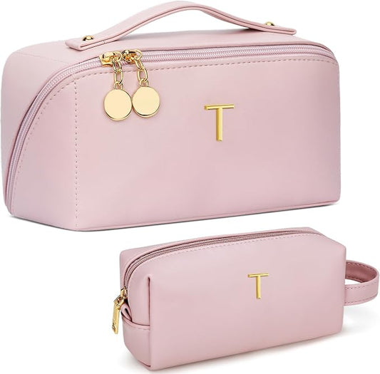 KKXIU Initial Makeup Bag for Women - Personalized Makeup Bag Gifts for Women, Travel Toiletry Bag with PU Leather, Open Flat Design with Top Handle, Cosmetic Bag Set with Multi-Pocket (Pink,T)
