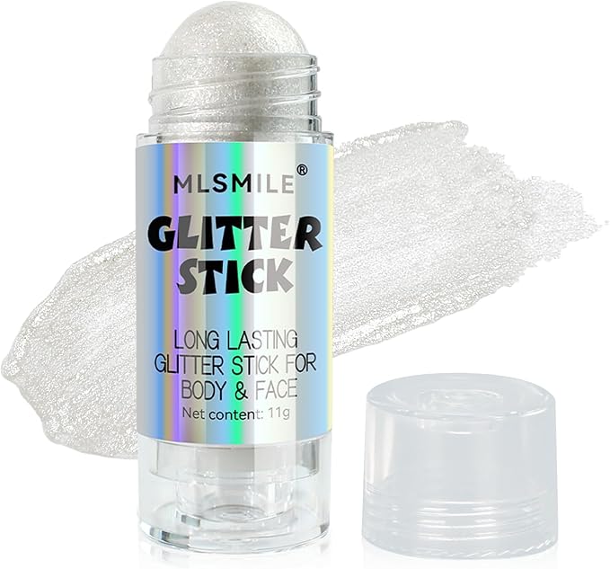 White Body Glitter Stick, Multi-Use Highlighter Makeup, Long Lasting Glitter Stick for Body & Face Eyes Lip, Glitter Sparkling Mermaid Sequins for Women, Great for Daily, Festival, Party