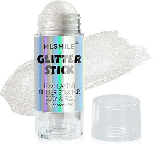 White Body Glitter Stick, Multi-Use Highlighter Makeup, Long Lasting Glitter Stick for Body & Face Eyes Lip, Glitter Sparkling Mermaid Sequins for Women, Great for Daily, Festival, Party