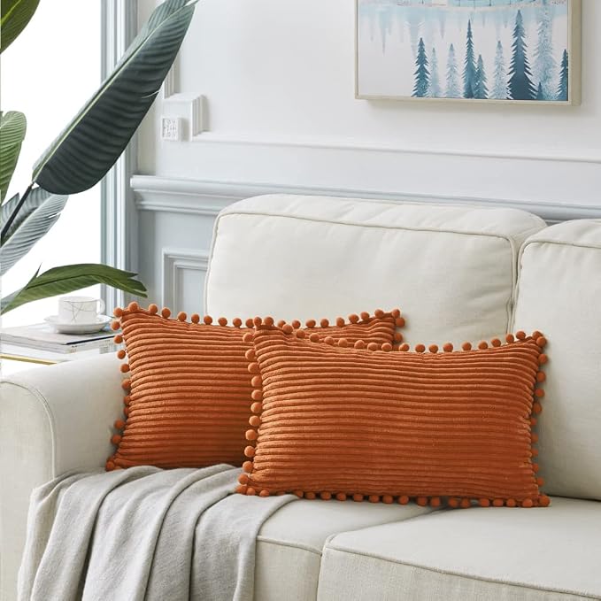 Fancy Homi 2 Pack Rust Lumbar Decorative Throw Pillow Covers 14x24 Inch with Pom-poms for Living Room Couch Bedroom, Soft Corduroy Solid Rectangle Cushion Case 35x60 cm, Rustic Farmhouse Home Decor